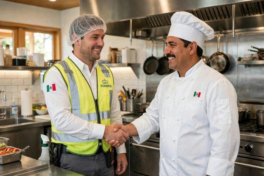 Imagen ilustrativa: Técnico y chef conversan en una cocina profesional