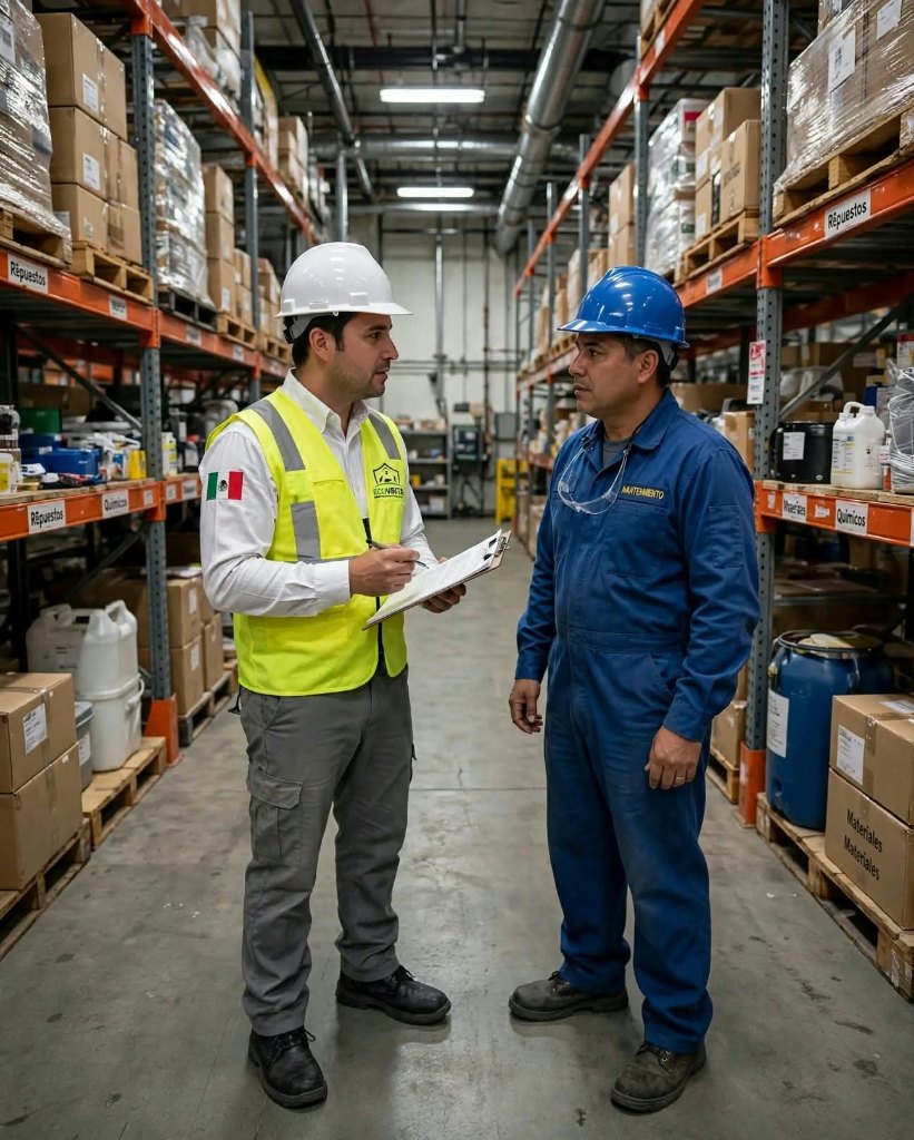 Imagen ilustrativa: Técnico conversa con el personal durante una inspección