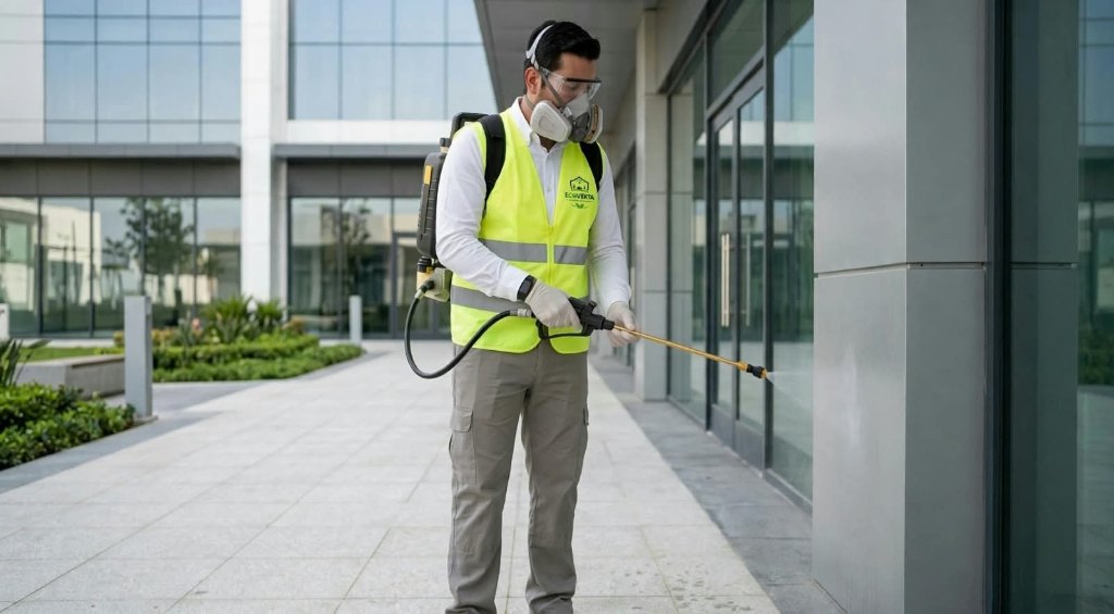 Imagen ilustrativa: Técnico realiza una aplicación en el exterior de un edificio comercial